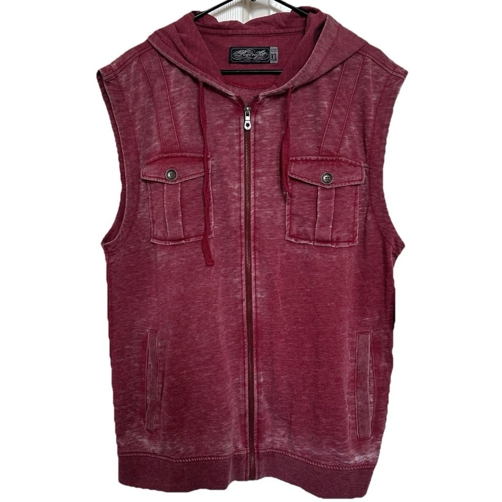 Y2K Retrofit Sleeveless Full Zip Hoodie Vest-XXL-Burgundy Red Distressed Grunge
